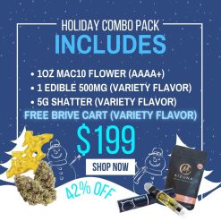 Holiday Combo Pack (1oz AAAA+ MAC10 Flower, 1 Edible 500mg, 5g Shatter, FREE Brive Vape Cart)
