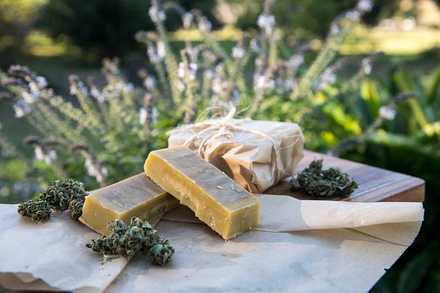 Cannabutter and cannabis flowers on a table in a garden